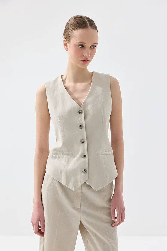 Fleto Cepli Keten Yelek - Taş - Gusto