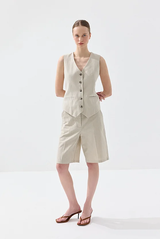 Fleto Cepli Keten Yelek - Taş - Gusto