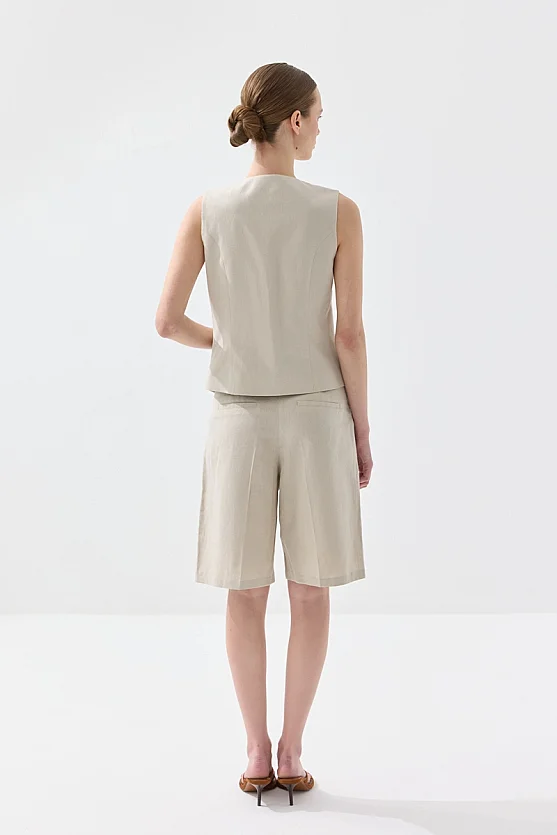 Fleto Cepli Keten Yelek - Taş - Gusto