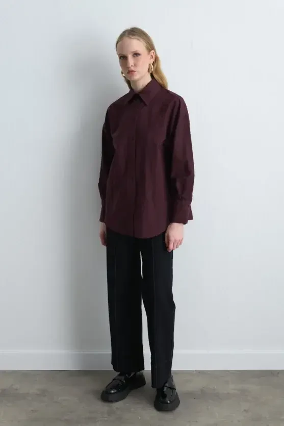 Floral Embroidered Cotton Shirt - Burgundy - Gusto