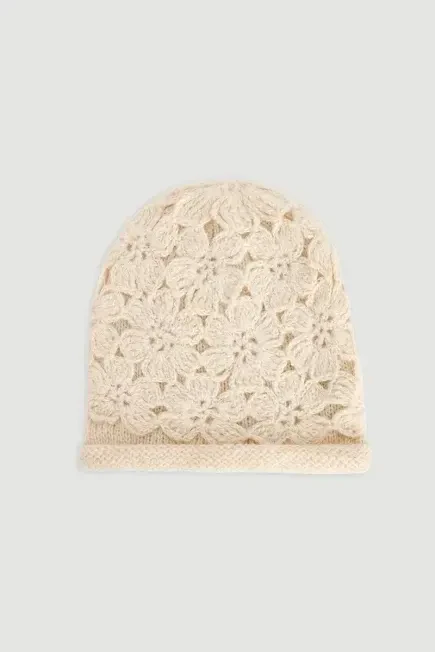 Floral Knit Beanie - Beige Beige