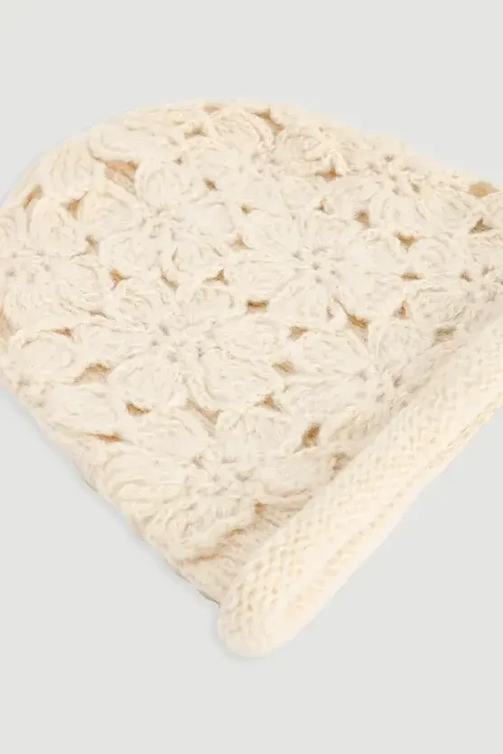 Floral Knit Beanie - Beige - 2