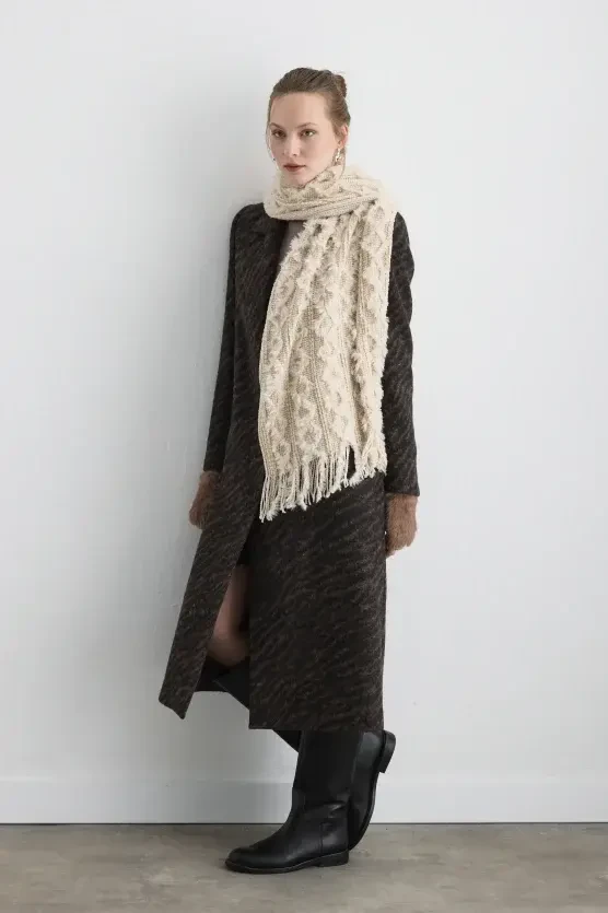 Fringed Knit Shawl - Ecru - 1