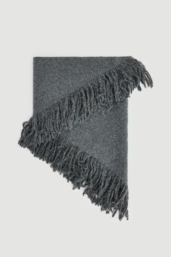 Fringed Triangular Wool Shawl - Gray - 2
