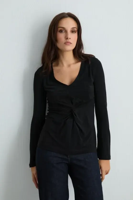 Front-Tied Jersey Blouse - Black - 2