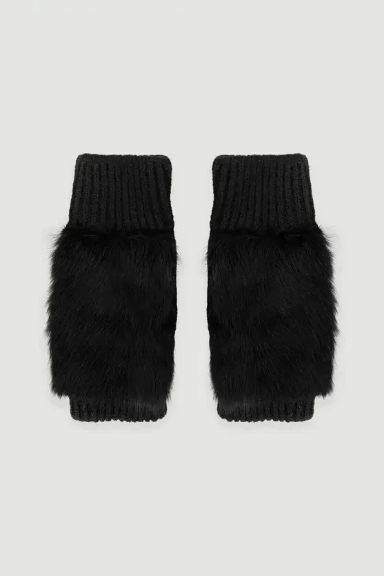 Fur Gloves with Ribbed Detail - Black - Gusto