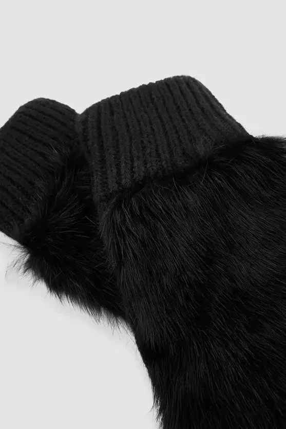 Fur Gloves with Ribbed Detail - Black - Gusto