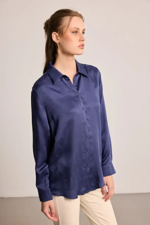 G Desenli Monogram Tencel Gömlek - Lacivert - 2