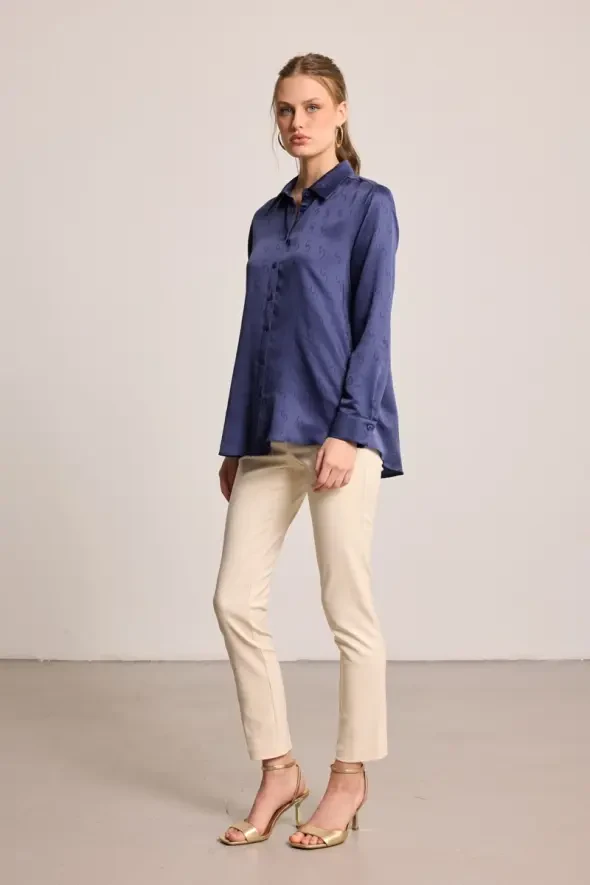 G Desenli Monogram Tencel Gömlek - Lacivert - 3