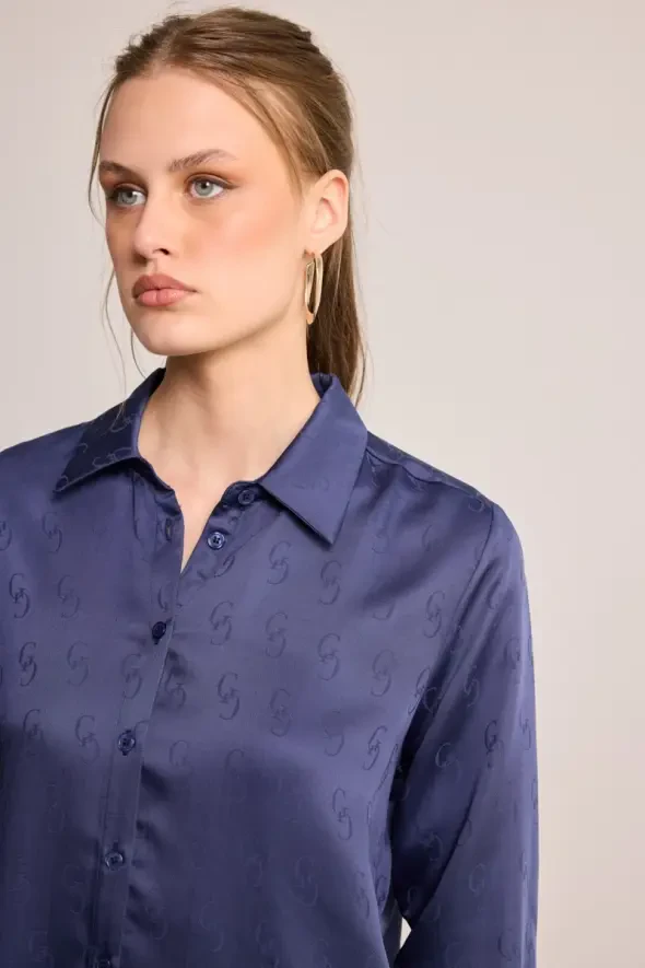 G Desenli Monogram Tencel Gömlek - Lacivert - 4
