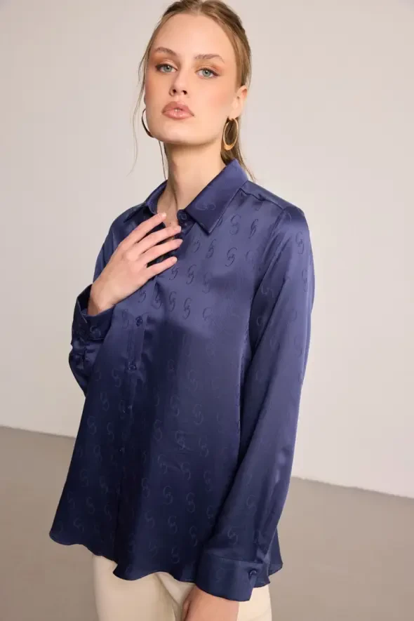 G Desenli Monogram Tencel Gömlek - Lacivert - 5