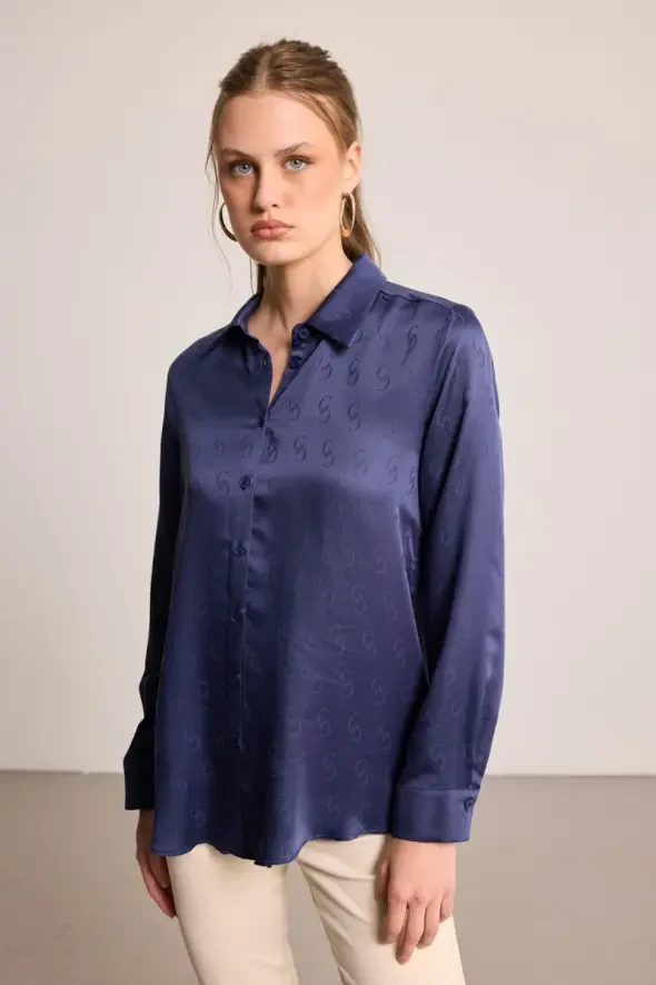 G Desenli Monogram Tencel Gömlek - Lacivert - 1