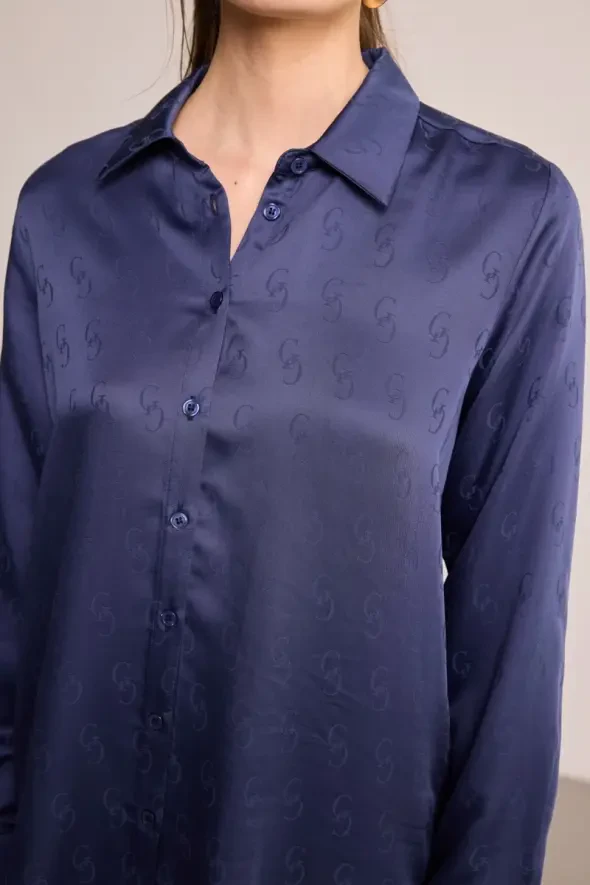 G Desenli Monogram Tencel Gömlek - Lacivert - 6