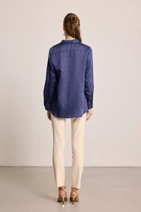 G Desenli Monogram Tencel Gömlek - Lacivert - 7