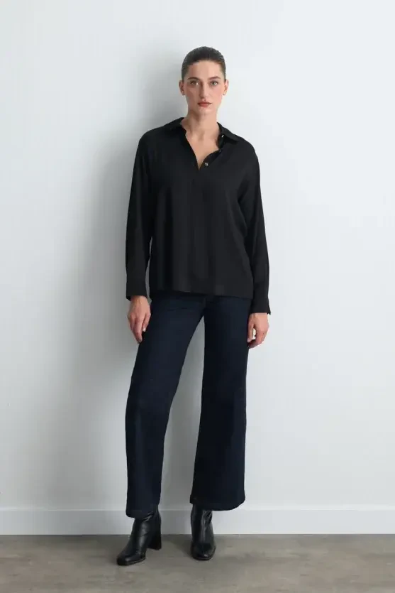 Gold Button Viscose Satin Shirt - Black - Gusto