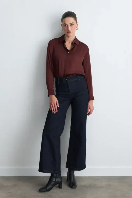 Gold Button Viscose Satin Shirt - Burgundy - 2