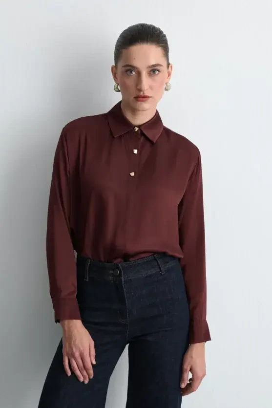Gold Button Viscose Satin Shirt - Burgundy - Gusto