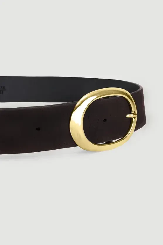 Gold Oval Tokalı Suni Süet Kemer - Kahverengi - Gusto