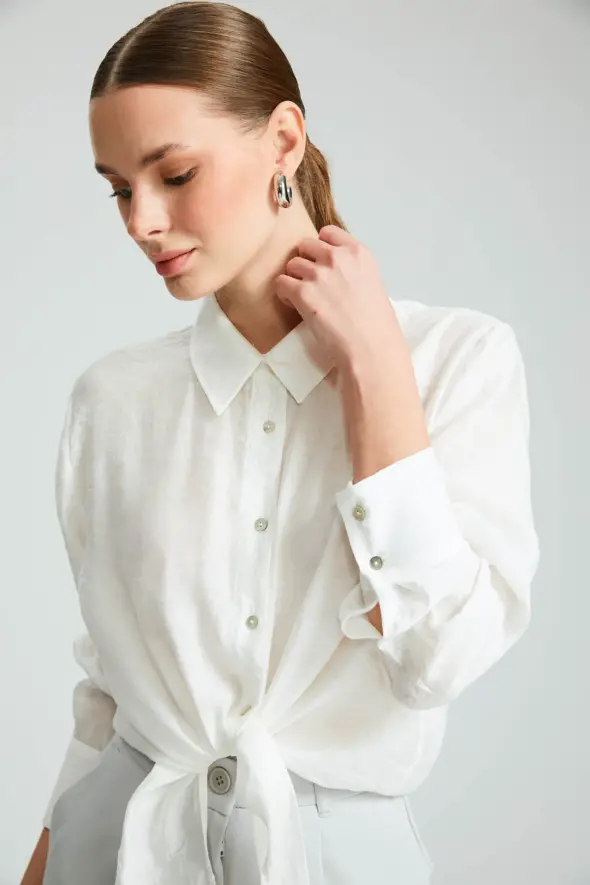 Bağlamalı Modal Gömlek - Beyaz - 3