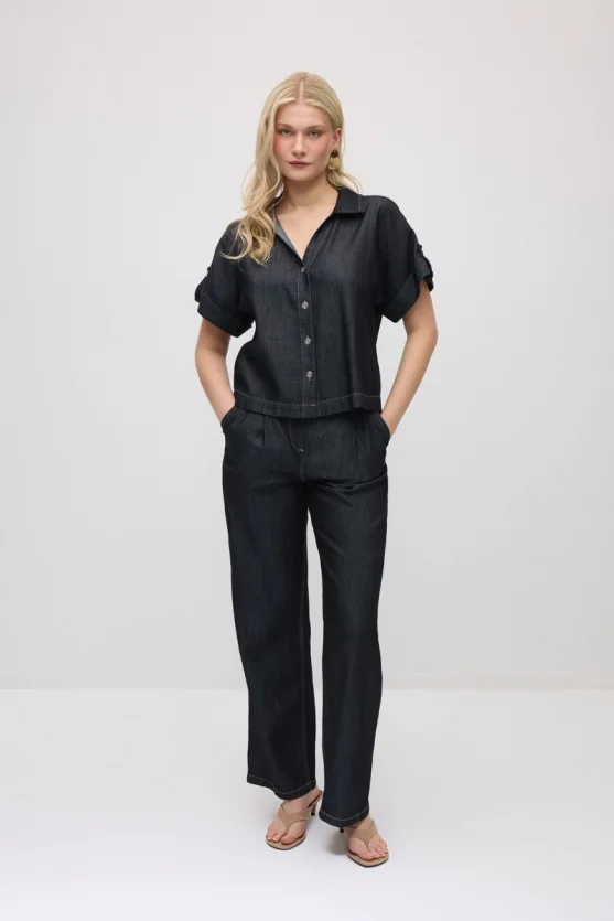 Tencel Denim Kısa Gömlek - Lacivert - Gusto