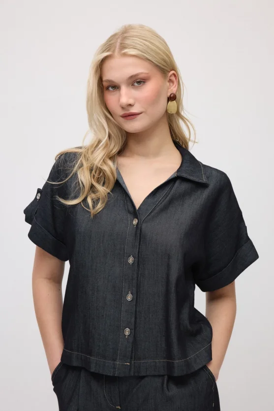 Tencel Denim Kısa Gömlek - Lacivert - 3