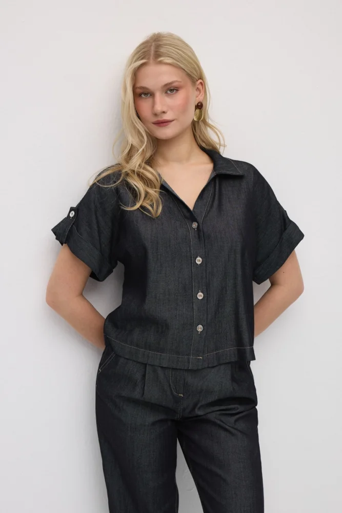 Tencel Denim Kısa Gömlek - Lacivert Lacivert