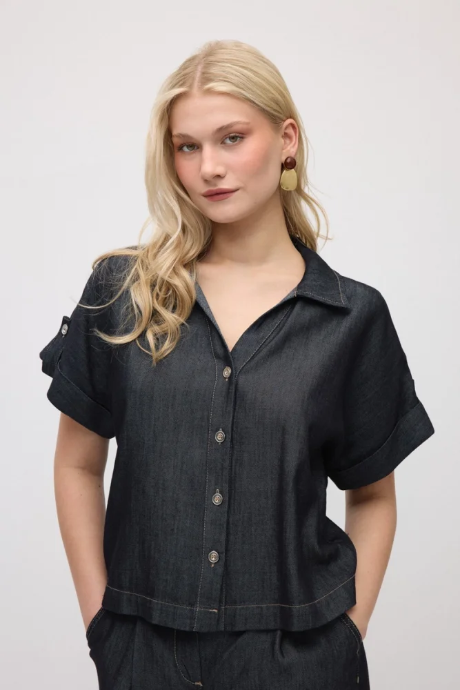 Tencel Denim Kısa Gömlek - Lacivert Lacivert