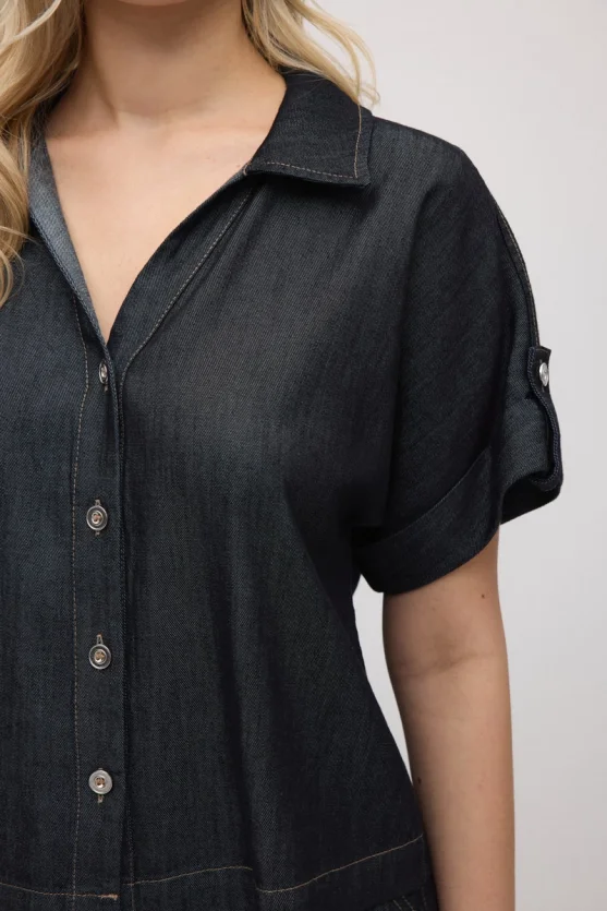 Tencel Denim Kısa Gömlek - Lacivert - 5