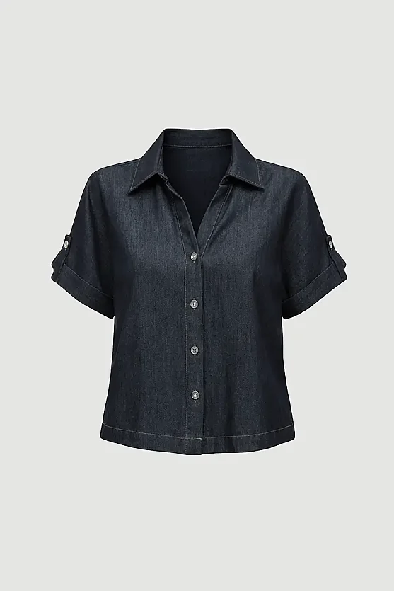 Tencel Denim Kısa Gömlek - Lacivert - Gusto