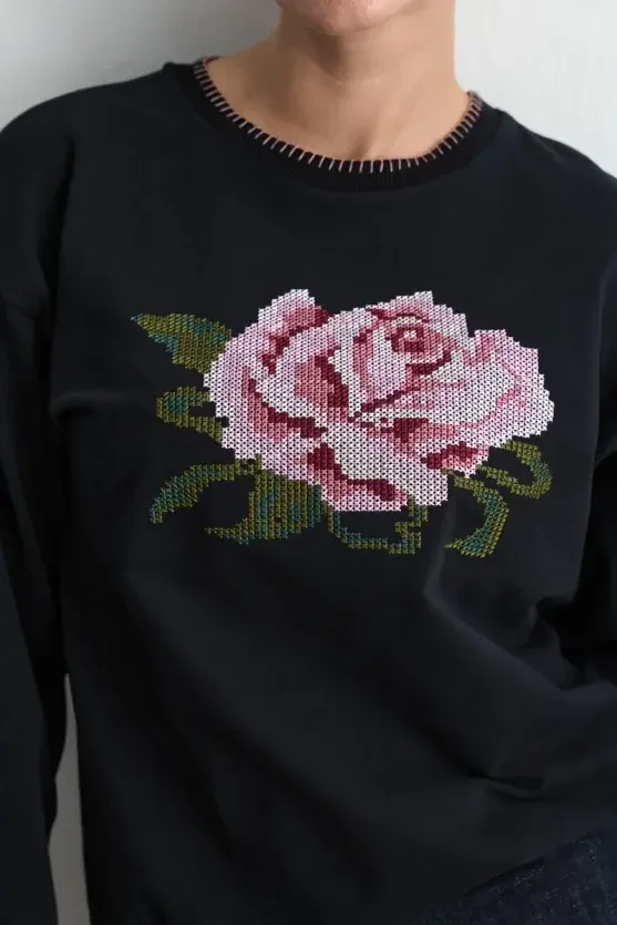Gül Nakışlı Pamuk Sweatshirt - Siyah - 4