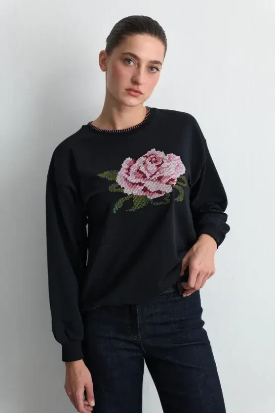 Gül Nakışlı Pamuk Sweatshirt - Siyah - 3