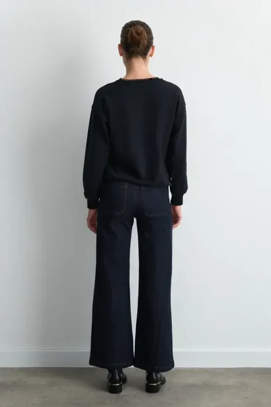 Gül Nakışlı Pamuk Sweatshirt - Siyah - Gusto