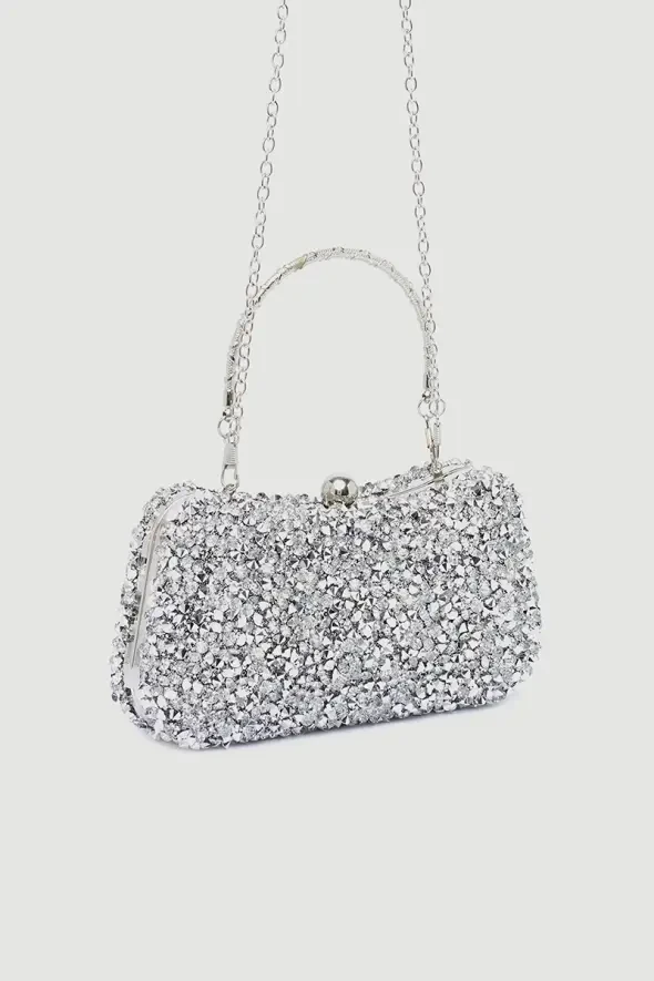 Gümüş Taşlı Abiye Clutch Çanta - Gümüş - 1