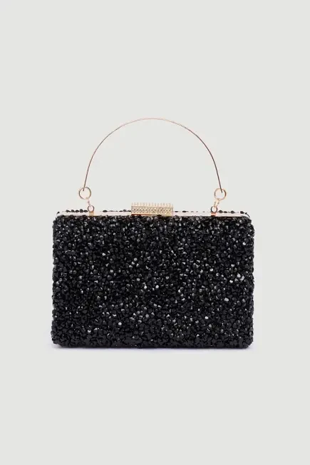 Siyah Taşlı Abiye Clutch Çanta - Siyah Siyah