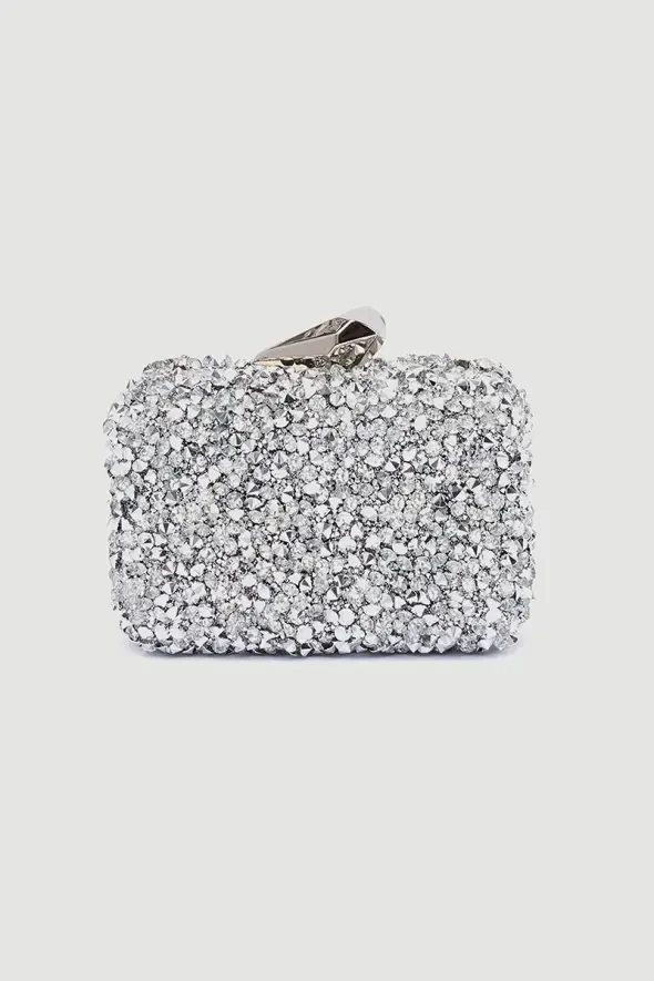 Gümüş Taşlı Abiye Mini Clutch Çanta - Gümüş - 2