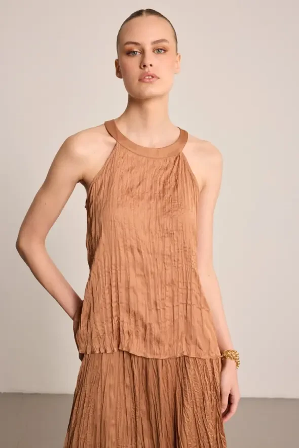 Halter Yaka Krinkıl Bluz - Kahverengi - 3