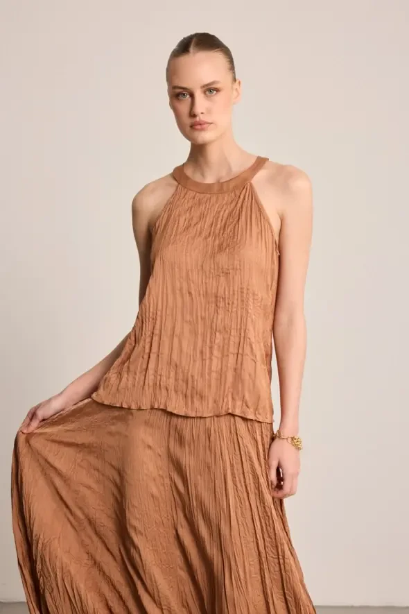 Halter Yaka Krinkıl Bluz - Kahverengi - 1