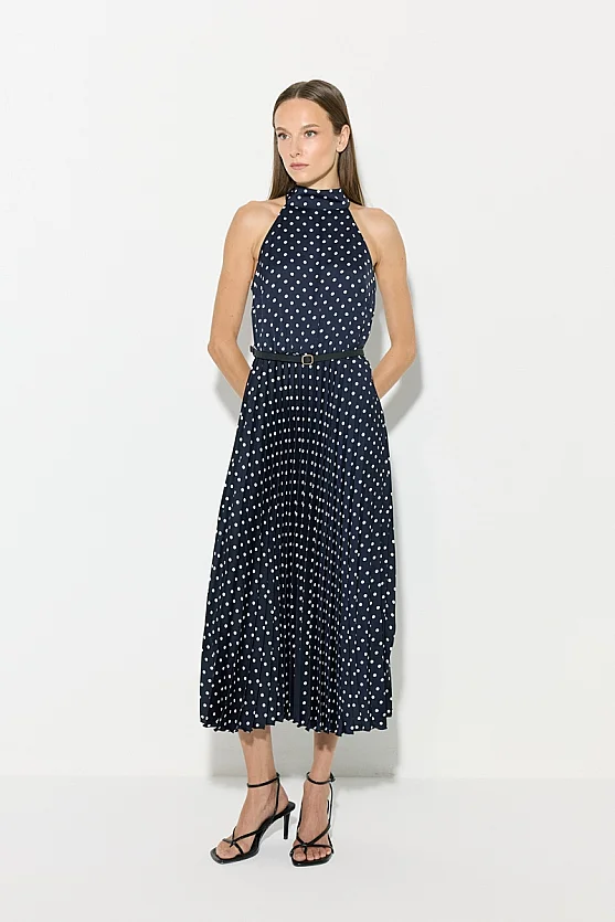 Halter Yaka Puantiyeli Midi Elbise - Lacivert - Gusto