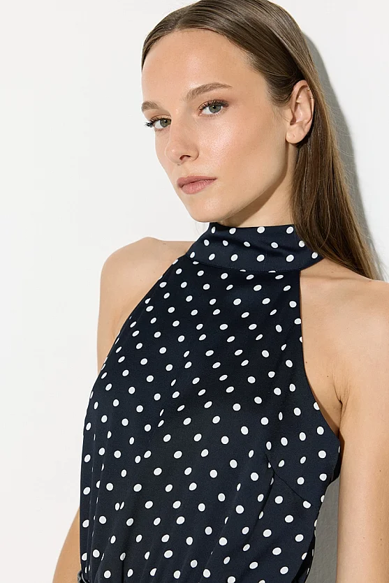 Halter Yaka Puantiyeli Midi Elbise - Lacivert - Gusto