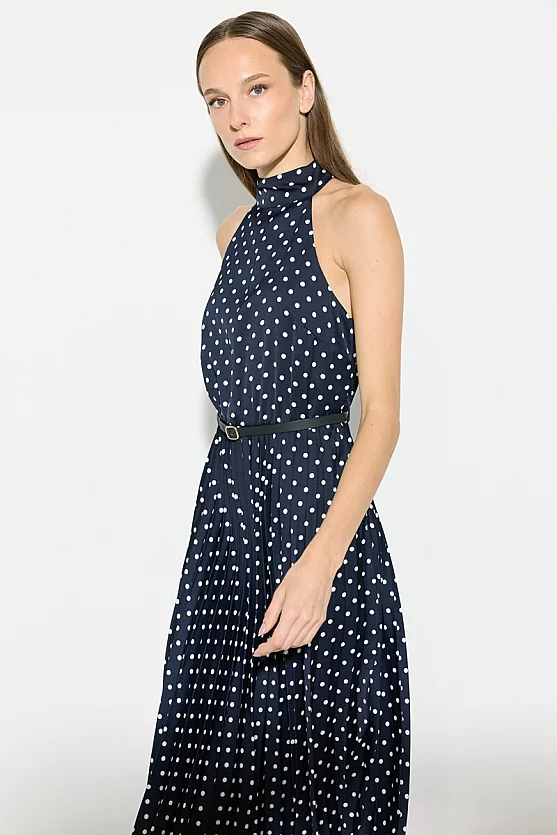Halter Yaka Puantiyeli Midi Elbise - Lacivert - Gusto