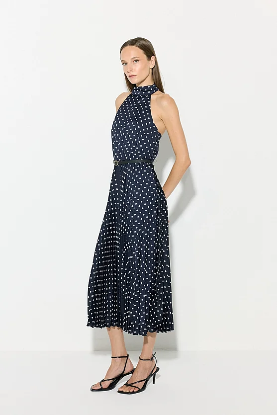 Halter Yaka Puantiyeli Midi Elbise - Lacivert - Gusto
