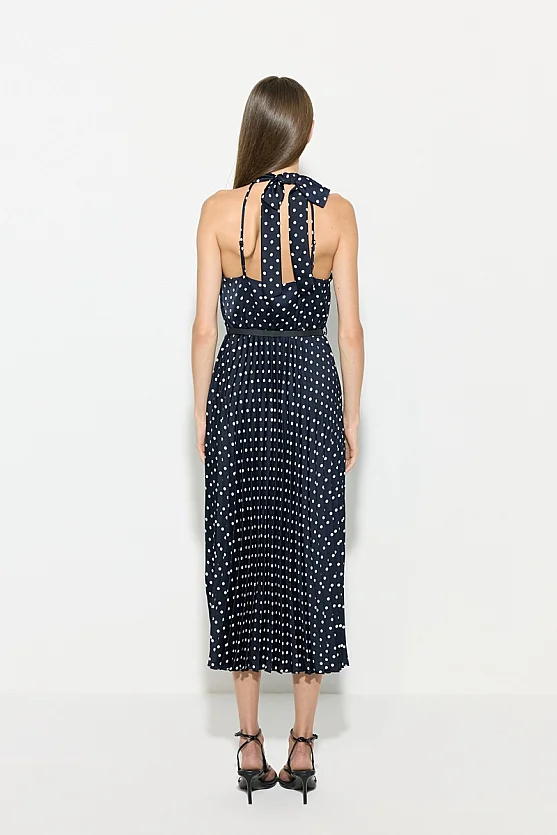 Halter Yaka Puantiyeli Midi Elbise - Lacivert - Gusto