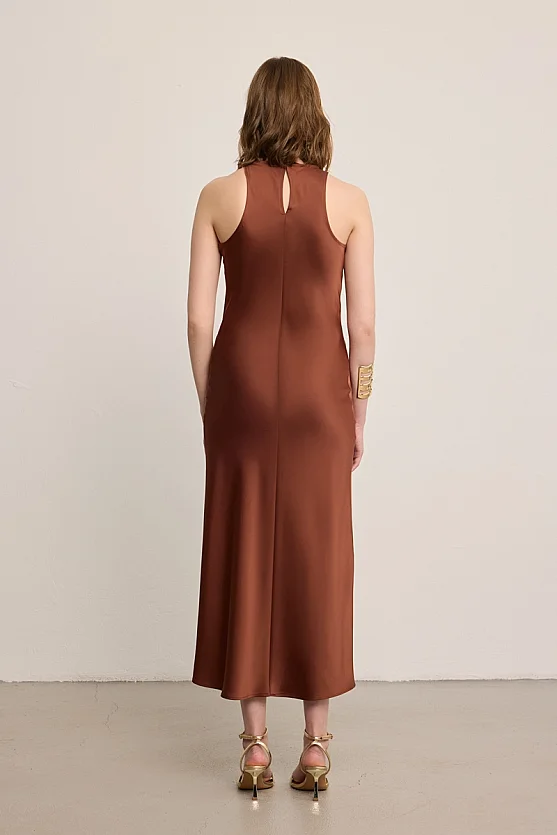 Halter Yaka Saten Abiye Elbise - Kahverengi - Gusto