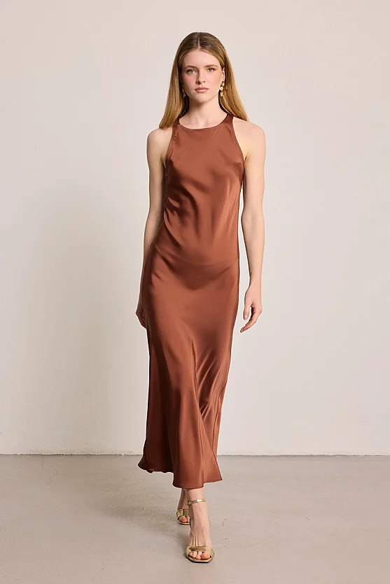 Halter Yaka Saten Abiye Elbise - Kahverengi - Gusto