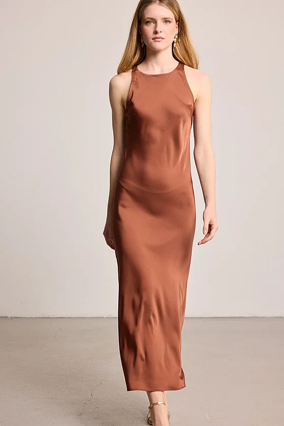 Halter Yaka Saten Abiye Elbise - Kahverengi - Gusto