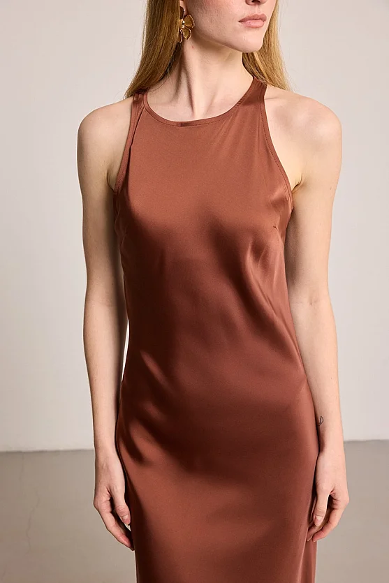 Halter Yaka Saten Abiye Elbise - Kahverengi - Gusto
