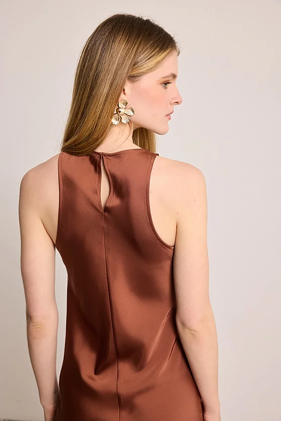 Halter Yaka Saten Abiye Elbise - Kahverengi - Gusto