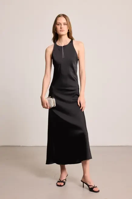 Halter Yaka Saten Abiye Elbise - Siyah Siyah