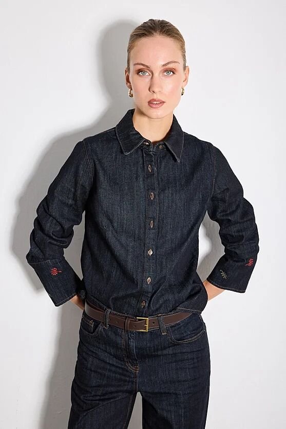 Hayalperest Koleksiyonu Kolları Nakış Detaylı Denim Gömlek - Lacivert - 4