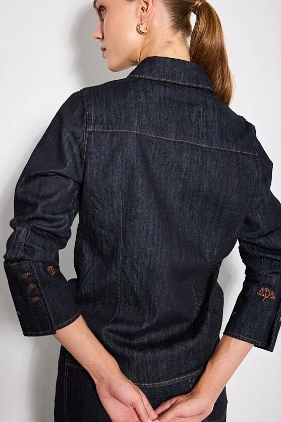 Hayalperest Koleksiyonu Kolları Nakış Detaylı Denim Gömlek - Lacivert - 8